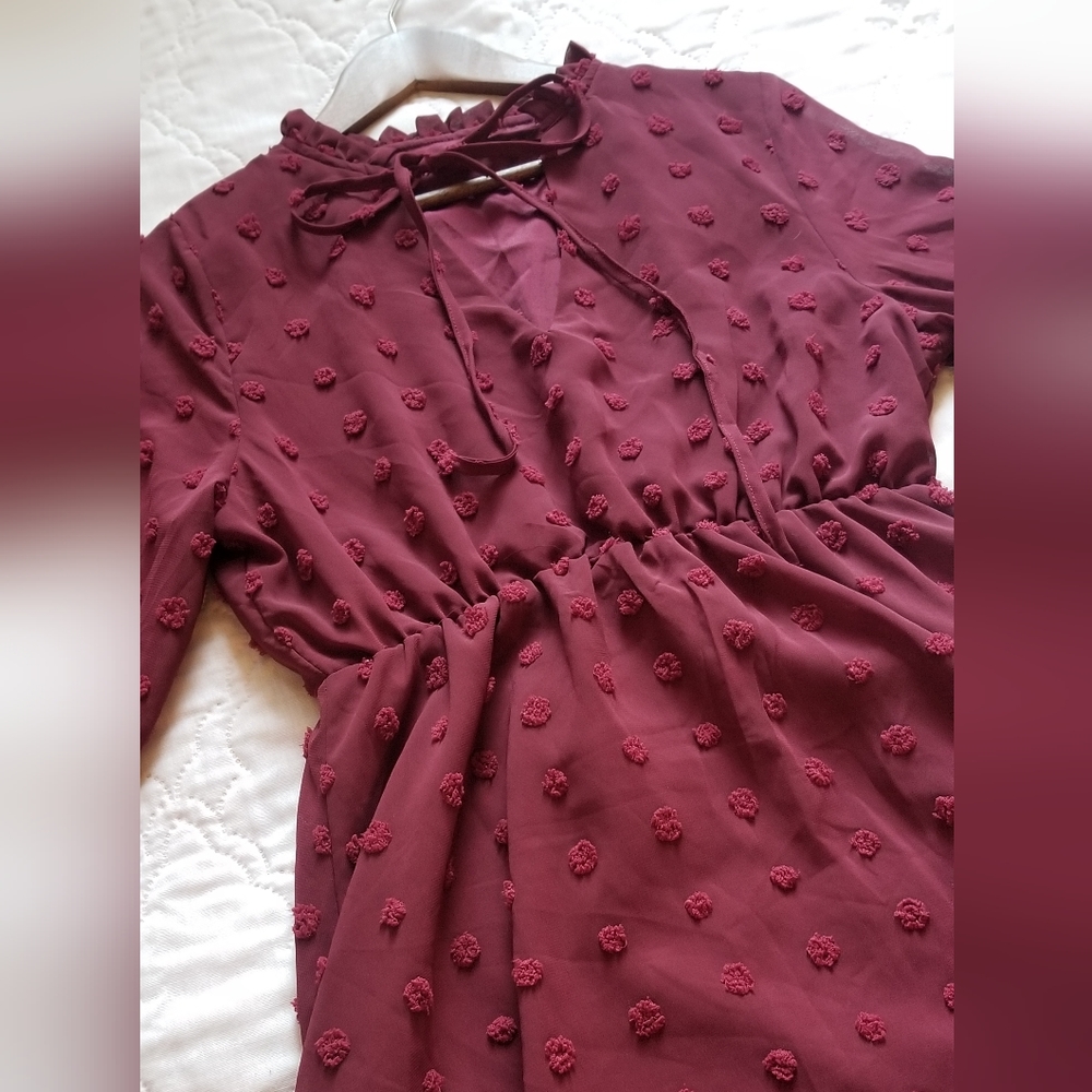 SHEIN Maroon Peasant Sleeve Polka dot Dress